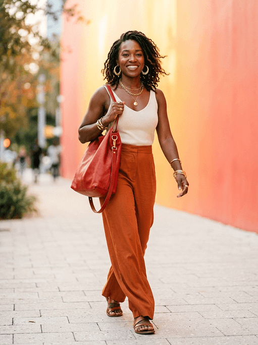Woman accessorizing confidently